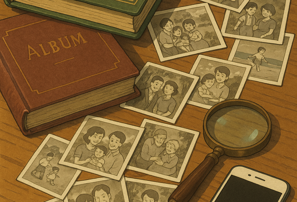 Old photo albums, old sepia photos, a magnifying glass and an iPhone